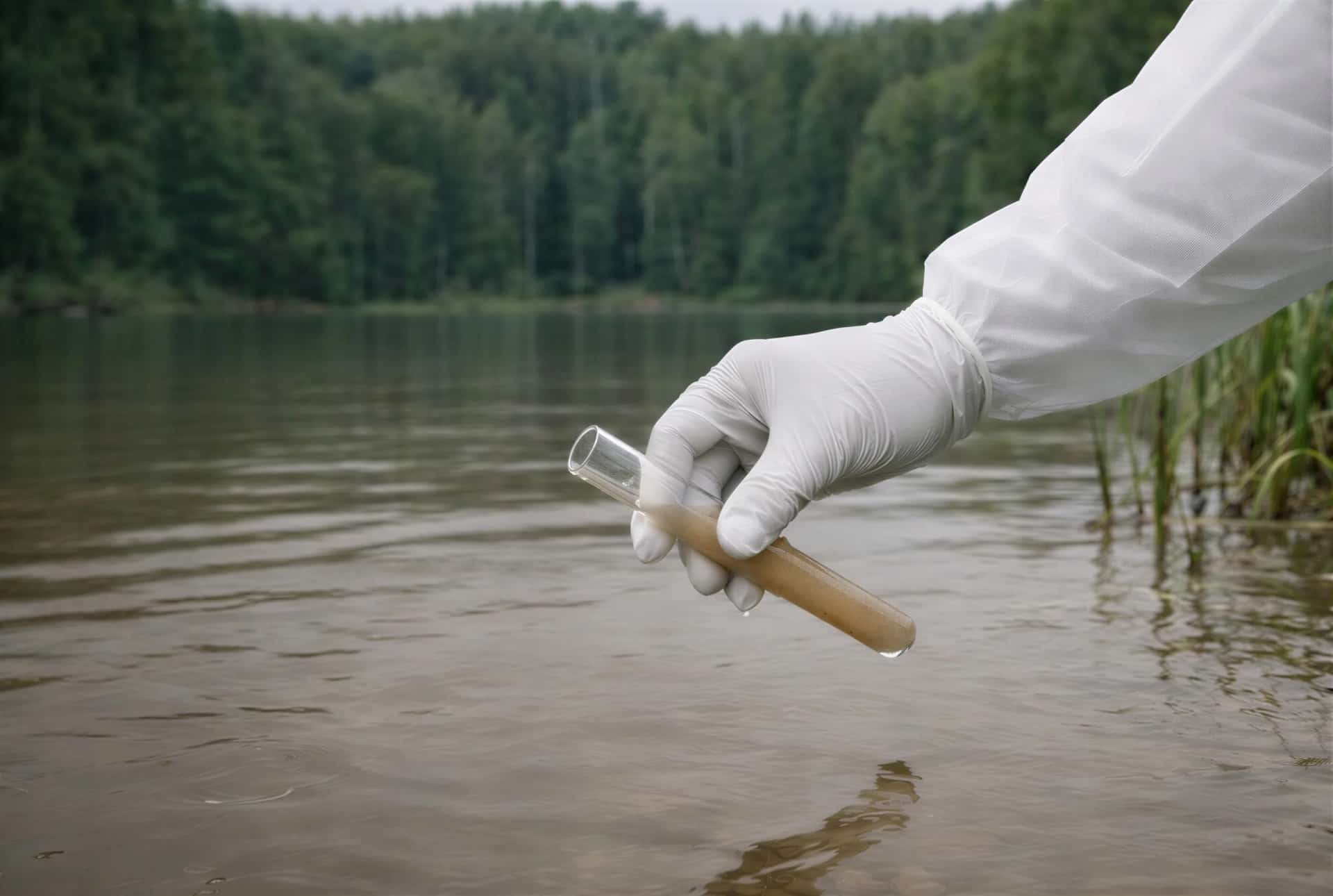 Une main gantée tient un tube d'eau trouble prélevée dans un lac bordé de forêt.